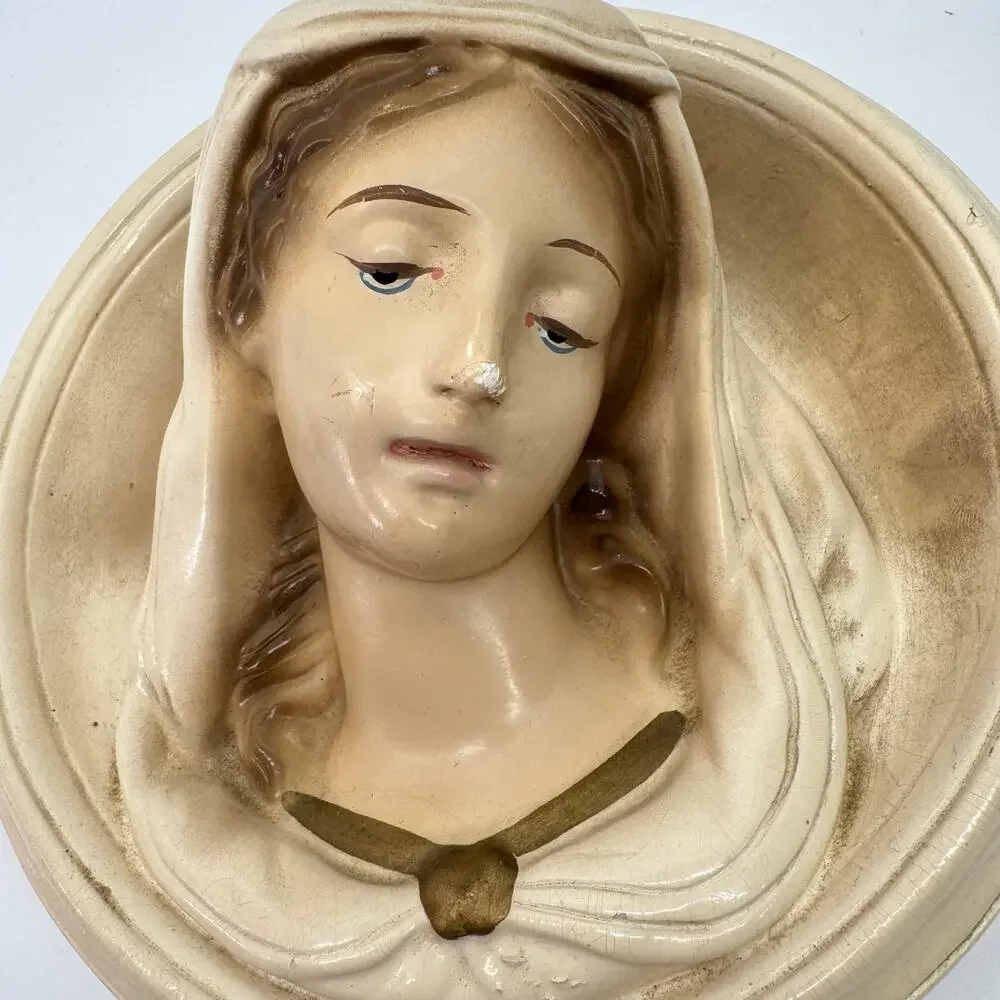 Vintage Virgin Mary Madonna Chalkware Wall Plaque Catholic Religious Art 6